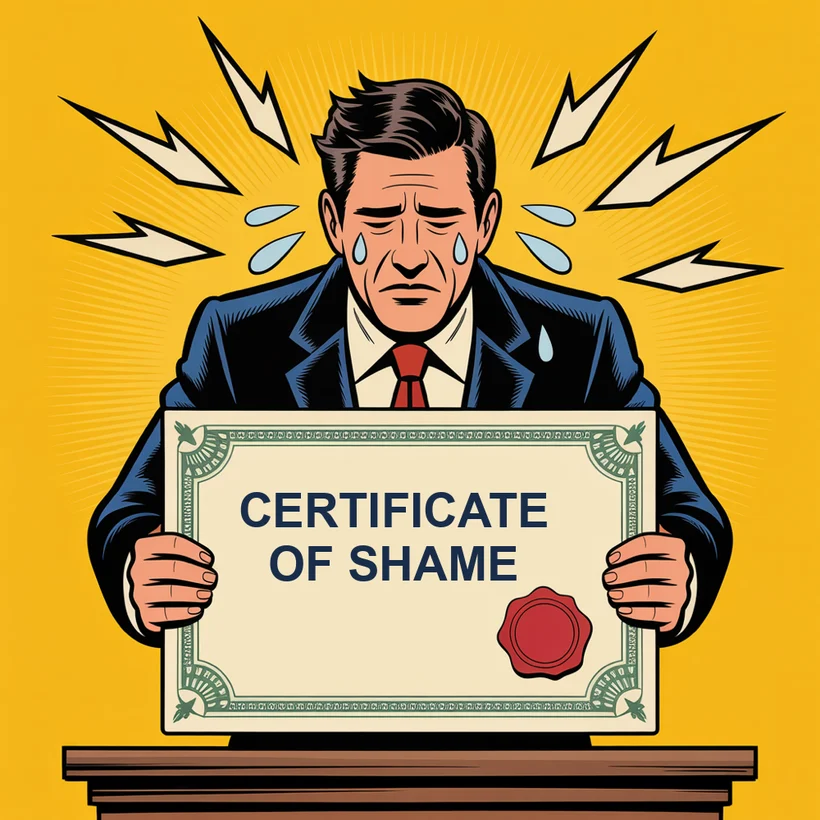 A crying shameholder CEO at a wooden podium holding a Certificate of Shame with a red wax seal